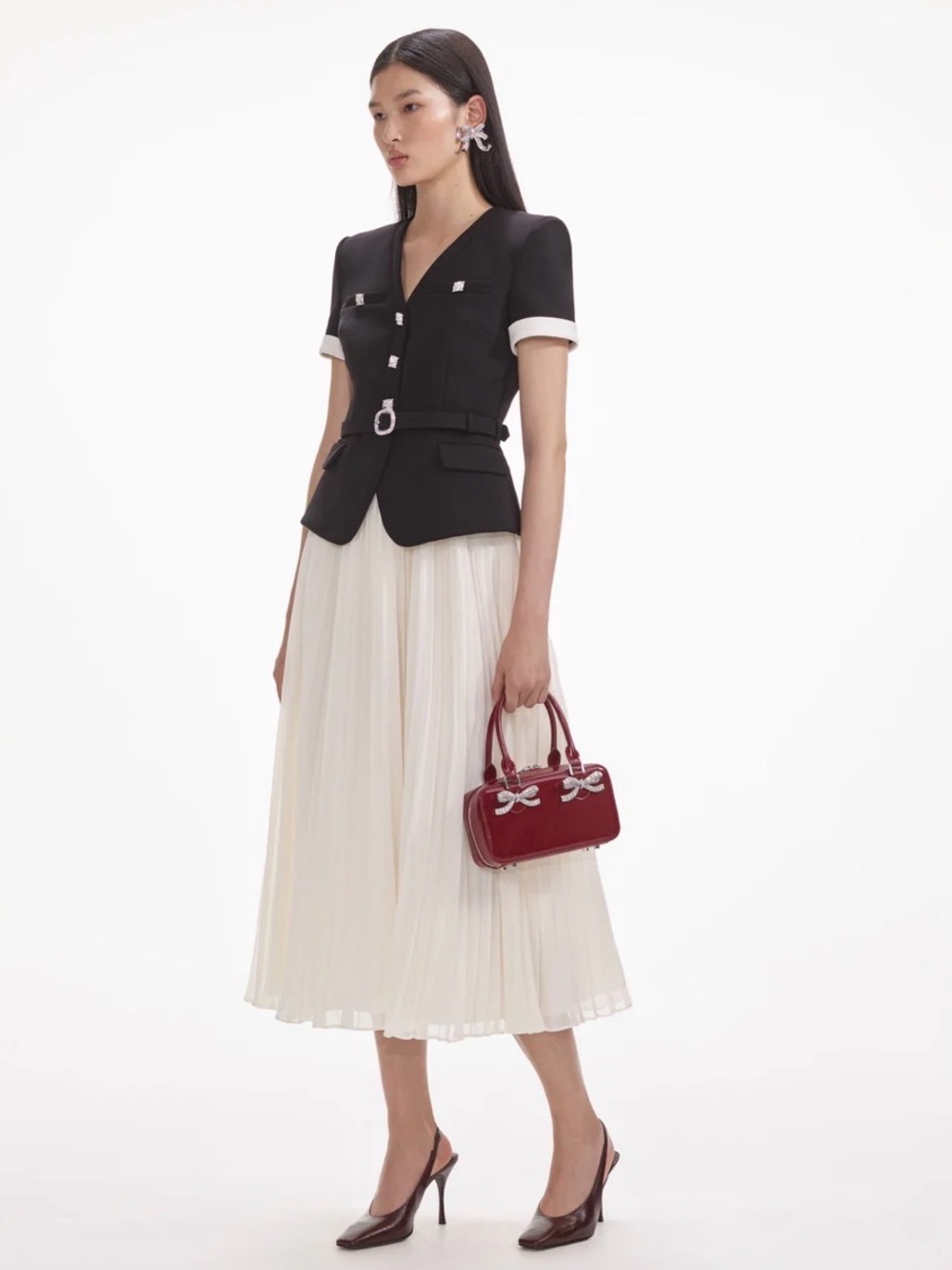 Self-Portrait Black and Cream Midi Dress with Pleated Skirt - Picture 2 of 9